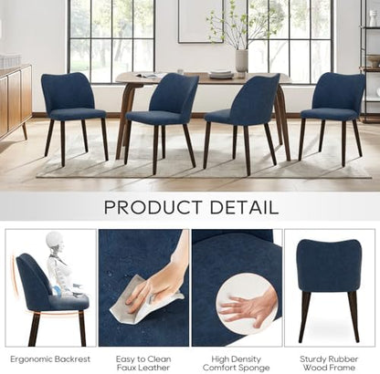 MALOL Dining Chairs Set of 4, Upholstered Leather Kitchen Chairs with Curved Back, Padded Seat and Solid Wood Legs, Modern Dining Chair for Kitchen Dining Room, Blue