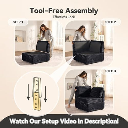 CAODOC 8 Seat Modular Sectional Couch,Corduroy,Convertible U/L-Shaped,Black