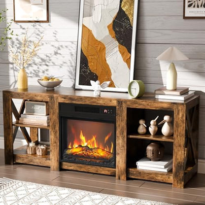 VINGLI Fireplace TV Stand for up to 70 inch TVs, Farmhouse Entertainment Center with Electric Fireplace Heater & Adjustable Shelves, Fireplace Media Console Table for Living Room, Rustic Brown