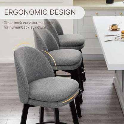 KISLOT Counter Height Barstools 26 inch Upholstered Swivel Bar Stools with Back and Wood Legs for Kitchen Island,Set of 2,Dark Grey Fabric-Armless