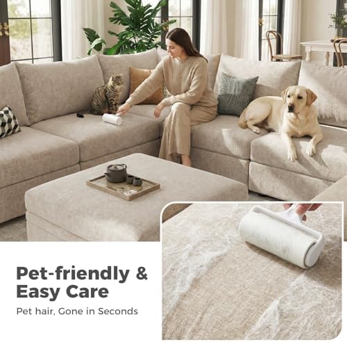 ABCASA 102.6" L Shaped Modular Sectional Couch with Washable Chenille Cover, 4 Seater Deep Seat Sofa with Storage Ottoman & Reversible Chaise for Living Room, Pet-Friendly, Beige