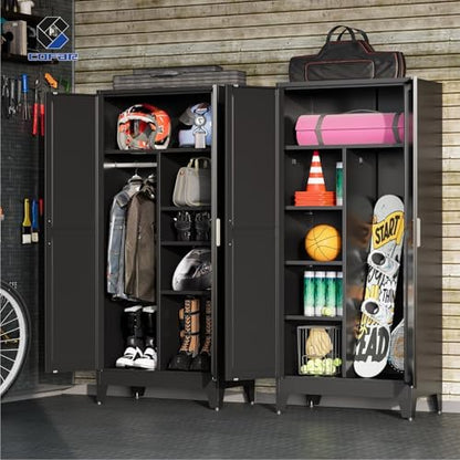 COFaR Wardrobe Closet with Doors, Metal Bedroom Armoire with Adjustable Hanging Rod and Shelves, Farmhouse Broom Closet Storage Cabinet for Garage Laundry Office, 70.87" H x 31.5" W x 17.72" D, Black