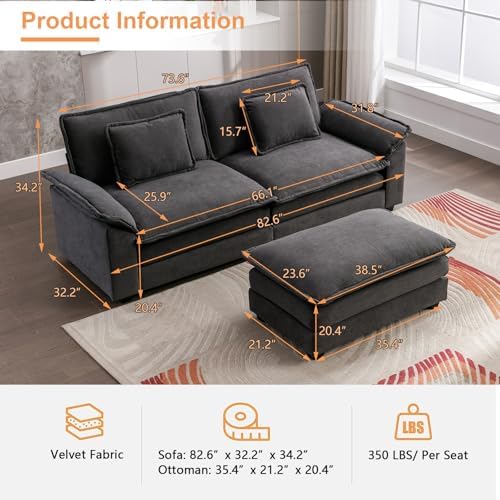 IPKIG 82.6" Modular Sectional Cloud Couch, Modern Sofa with 2 Ottomans