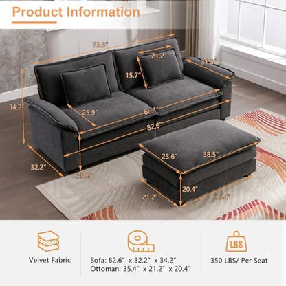 IPKIG 82.6" Modular Sectional Cloud Couch, Modern Sofa with 2 Ottomans