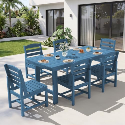 KINGYES 7-Piece Patio Dining Set, HDPE Table Armless Chairs Furniture Blue