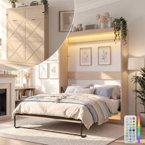 Full Murphy Bed, Cabinet Wall Beds, Modern Vertical Murphy Chest Beds with Durable Gas-Lift, Space-Saving Hidden Cabinet Guest Bed with 16 Colors of LED Lights for Bedroom, Apartment - Wood
