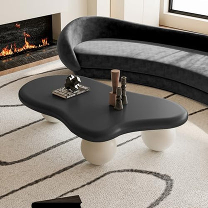 47" Cloud Shaped Coffee Table with 3 Ball Legs, Modern Minimalist Accent Tea Table for Living Room, Bedroom, Apartment or Office, Spacious MDF Surface, Kid & Pet Friendly, Black+White
