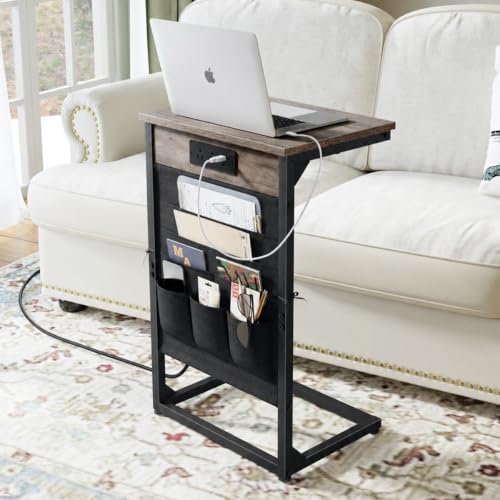 C-Shaped End Table with Fast-Charging Station, Small Couch Side Table with Storage Bag, Sofa TV Tray Table for Living Room, Bedroom, Bedside ET-GY-W1