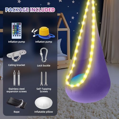 Light Up Kids Pod Swing, Cotton Hammock w/LED, Indoor Outdoor Deep Purple