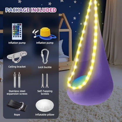 Light Up Kids Pod Swing, Cotton Hammock w/LED, Indoor Outdoor Deep Purple