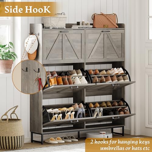Wodeer Shoe Cabinet Storage for Entryway, Shoe Storage Cabinet with 6 Flip Drawers, Freestanding Narrow Shoe Rack Organizer with Metal Legs, Adjustable Shelves & Open Storage for Foyer, Hallway, Grey
