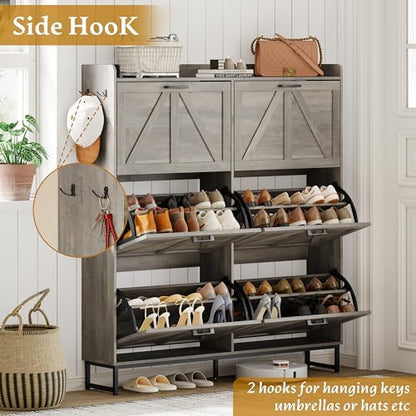 Wodeer Shoe Cabinet Storage for Entryway, Shoe Storage Cabinet with 6 Flip Drawers, Freestanding Narrow Shoe Rack Organizer with Metal Legs, Adjustable Shelves & Open Storage for Foyer, Hallway, Grey