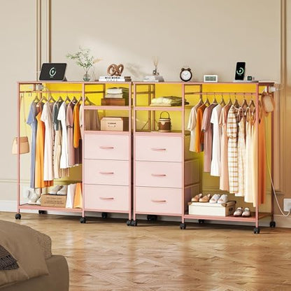 WLIVE LED Dresser for Bedroom, 3 Drawers with Hanging Rack, Pink