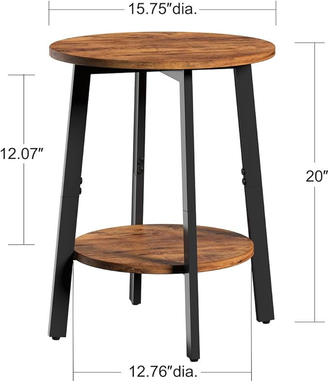 sthmec Side Table, Small Round End Table with Storage Shelf for Small Space, 2-Tier Bedside Table Sofa Couch Table, Round Accent Table Nighstands for Living Room, Bedroom, Rustic Brown