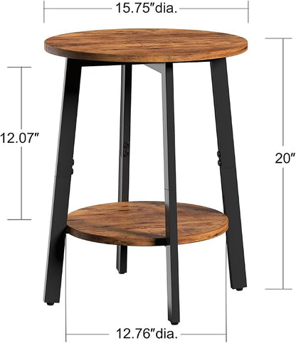 sthmec Side Table Set of 2, Small Round End Table with Storage Shelf for Small Space, 2-Tier Bedside Table Sofa Couch Table, Nightstands Set of 2 Accent Table for Living Room, Bedroom, Rustic Brown