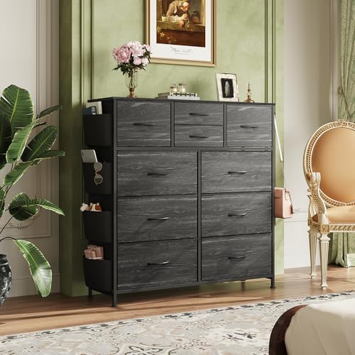 WLIVE 10 Drawer Fabric Dresser for Bedroom, Side Pocket & Hooks, Charcoal