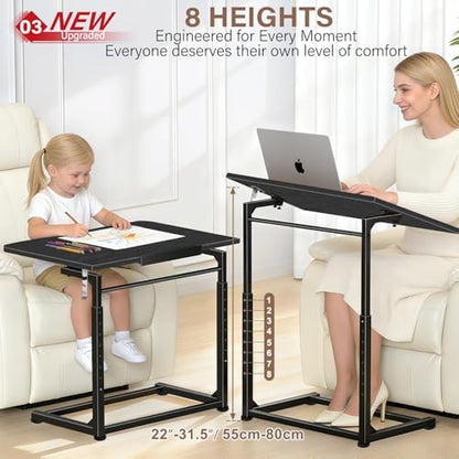 Extra Large Heavy Duty TV Tray Table, 23.6" Folding C-Shaped Laptop Desk for Couch & Bed, Height & Tilt Adjustable Overbed End Table with Phone/Tablet Slot, Easy Clean Black Finish for Small Spaces