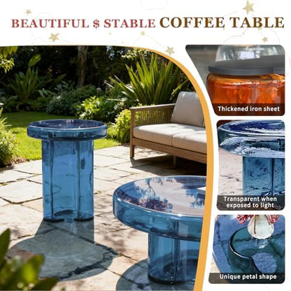 Round End Table with Tempered Glass, Small Side Table for Living Room Bedroom, W14.96in Light Blue