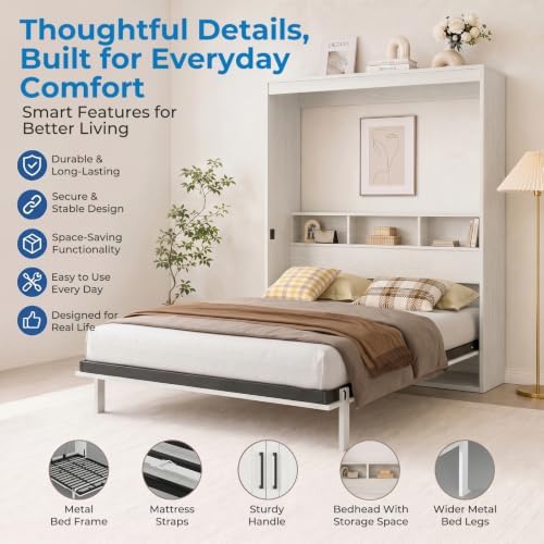 Mjkone Full Size Murphy Bed, Cabinet Beds Full with Motor-Driven Lifting System & Bedside Storage, Hidden Wall Murphy Automatic Lift Up Beds & Legs, Space-Saving Guest Bed for Apartment - White