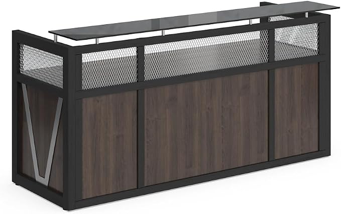 NBF Reception Desk Front Counter Workstation for Office Lobby Reception Area, 87" W x 30" D, Walnut, District Collection