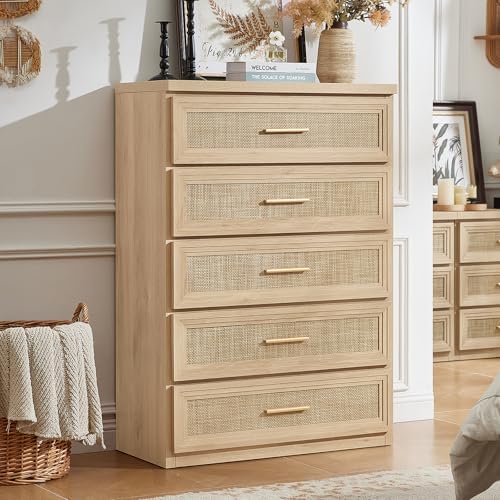 RWYHG Rattan Dresser for Bedroom 5 Drawer Wood 45" Tall with Gold Handle