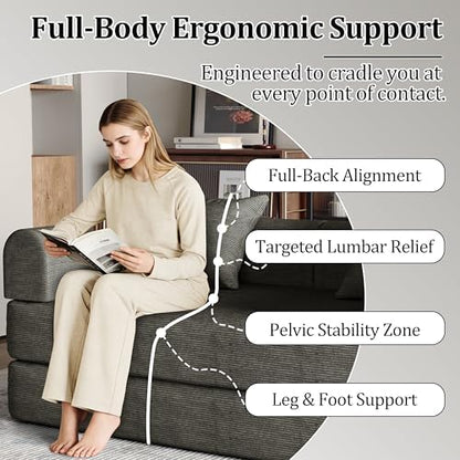 59'' Convertible Compressed Corduroy Folding Sofa Bed, Modern Boneless Pull Out Loveseat Sleeper in a Box, 4 in 1 Floor Mattress Futon Cloud Couch for Home, No Assembly Needed, Grey, 2 Pillows, Queen