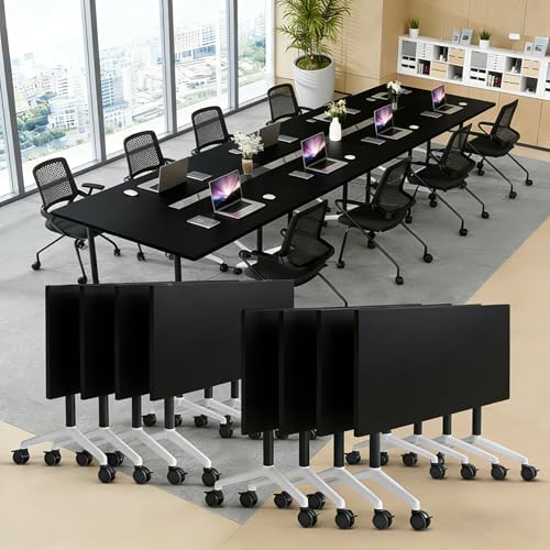Folding Conference Table, Conference Room Tables with Wheels Foldable Large Rectangle Meeting Seminar Table for 6-12 People, Flip Top Mobile Training Table for Office Classr (4, Black 2, 47.2in)