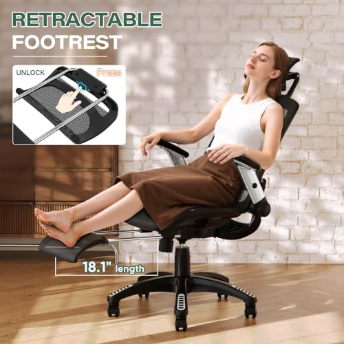 GABRYLLY Ergonomic Office Chair with Footrest, High Back Home Desk Chair - 3D Headrest, Flip-Up Arms, 135° Tilt and Wide Cushion, Heavy Duty Mesh Chairs for Task Computer Gaming, GYB01-FT