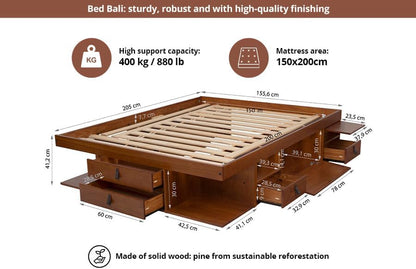 memomad Bali Slim Set: Bed + Flat Headboard, Queen Size, Caramel Brown