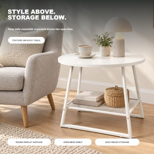 Lightdot 2‑Tier Round Side Table Set of 2, White End Table with Mesh Shelf