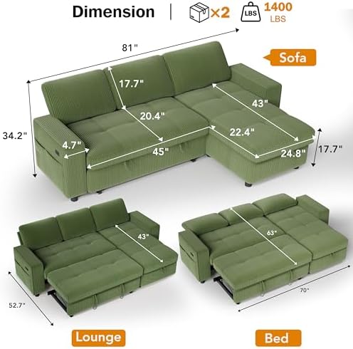 WEUP Plush Corduroy 81" Sectional Sofa with Pull Out Bed, 3 Seat Sleeper Sofa with Storage, Adjustable Backrest, USB Ports, Tool-Free Assembly, Sectional Couches for Living Room, Green
