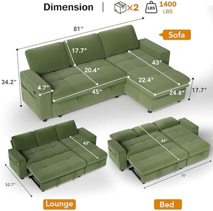 WEUP Plush Corduroy 81" Sectional Sofa with Pull Out Bed, 3 Seat Sleeper Sofa with Storage, Adjustable Backrest, USB Ports, Tool-Free Assembly, Sectional Couches for Living Room, Green
