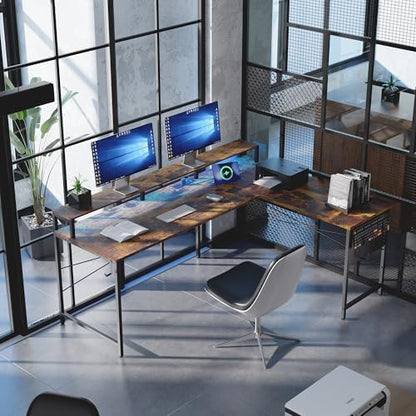 Pamray 64 Inch L Shaped Gaming Desk with Monitor Stand and Power Outlets