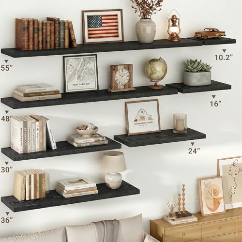 10 Inch Deep Floating Shelves for Wall 48” Set of 2, Black