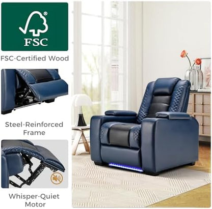 ANJ Power Home Theater Seating Set of 3, Blue Faux Leather Electric Recliner Chair with Adjustable Headrest, Dual Motors Movie Reclining Chairs with LED Lights,USB port,Cup Holders, Hidden Arm Storage