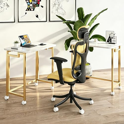 JSB 23.6" Folding Desk for Small Spaces,Mobile Portable Rolling Laptop PC Table on Wheels,Foldable Computer Desk for Home Office,Bedroom,Dorm,Space Saving White&Gold