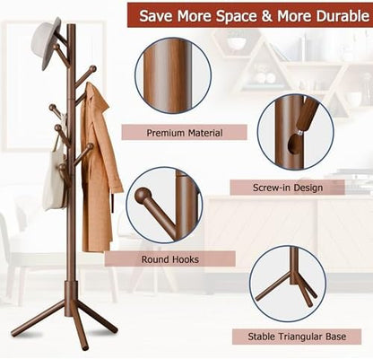 8-Hook Freestanding Coat Rack 3 Heights Safe Round Tips Brown
