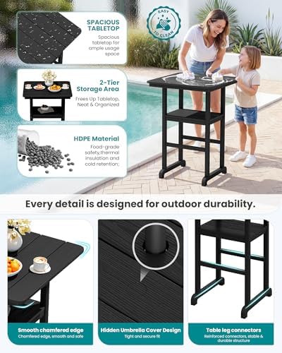 SERWALL HDPE 41.7" Bar Height Table with Umbrella Hole, Black