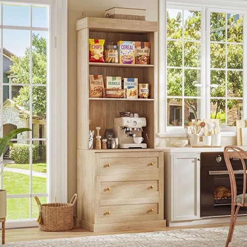 71" Farmhouse Kitchen Pantry Cabinet Set of 2, Brown Freestanding Coffee Bar Hutch with Glass Doors, Drawers & Adjustable Shelves, Large Storage Cabinet with Microwave Stand for Living Room & Kitchen