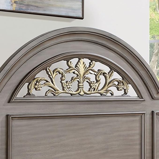First of a Kind Queen Size Traditional Bedroom Furniture 5 pc Set in Gray - Solid Wood Finish with Floral Headboard Design, Antique Brass Hardware - Bed, Dresser, Mirror, Nightstand & Storage Chest