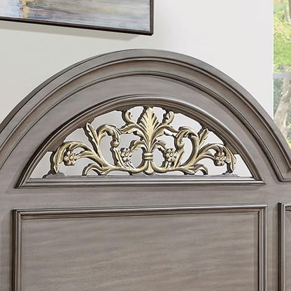 First of a Kind Queen Size Traditional Bedroom Furniture 5 pc Set in Gray - Solid Wood Finish with Floral Headboard Design, Antique Brass Hardware - Bed, Dresser, Mirror, Nightstand & Storage Chest