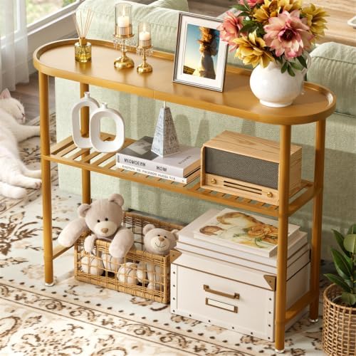 Bamboo Console Table for Entryway 39.4", Farmhouse Entryway Table for Hallway Oval Top, Sofa Console Table with Anti-fall Edge, TV Stand for Living Room, Plant Stand, 5min Easy Assembly, Walnut