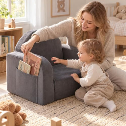Kids Couch 2-in-1 Foldable Kids Sofa, Thick Foam & Extra Large,Grey