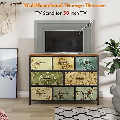 8 Drawer Dresser for Bedroom, Wide Vintage Fabric Chest of Drawers