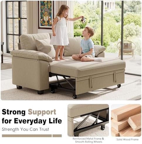 Ihanherry 61" Loveseat Sleeper Sofa, 2-in-1 Pull Out Couch Bed with 2 Pillows, Chenille Convertible Sofa Bed, Small Space Sleeper Couch for Living Room Apartment (Sand)