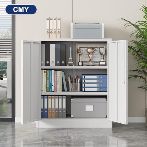 CMY 36" H Metal Storage Cabinet, Locking Storage Cabinet with Doors and Adjustable Shelves for Office, Garage, Home-White