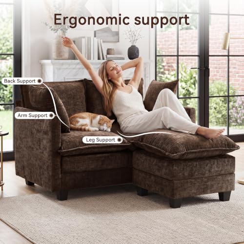 50" Love Seat with Ottoman, Small L Shape Cloud Sofa Couch, 2-Layer Cushion & 27" Deep Seat, 2 Pillows for Small Spaces, Bedroom, Apartment, Office, Living Room, Brown