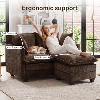 50" Love Seat with Ottoman, Small L Shape Cloud Sofa Couch, 2-Layer Cushion & 27" Deep Seat, 2 Pillows for Small Spaces, Bedroom, Apartment, Office, Living Room, Brown