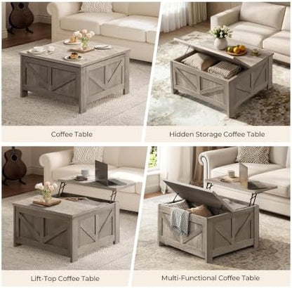 Yaheetech 31.5" Farmhouse Lift Top Coffee Table with Hidden Storage, Gray