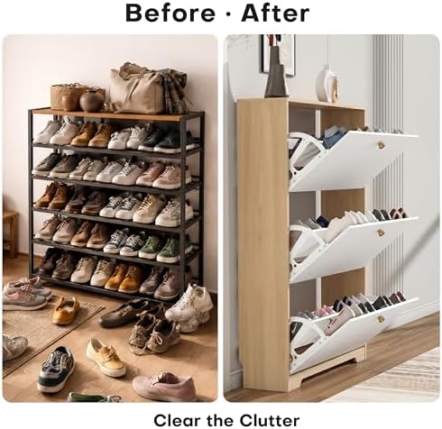 Nicetree Shoe Storage Cabinet with 3 Flip Drawer, Narrow Slim 3-Tier Shoe Organizer, Shoe Cabinet Storage for Entryway with Top Shelf and Hooks, Freestanding Wooden Shoe Rack, Natural Oak and White